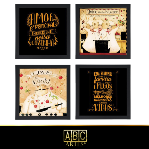 4 Quadros Decorativos Com Moldura Black 23x23 Cozinha