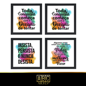 4 Quadros Decorativos Com Moldura Black 23x23 Motivação