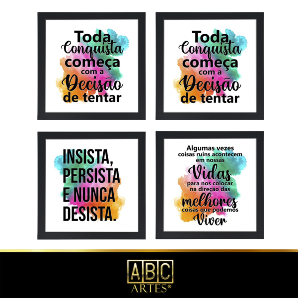 4 Quadros Decorativos Com Moldura Black 23x23 Motivação