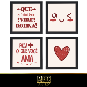 4 Quadros Decorativos Com Moldura Black 23x23 Coração