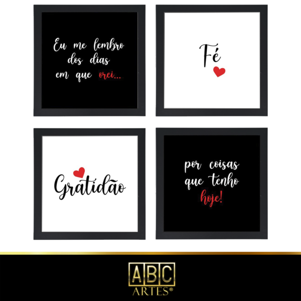 4 Quadros Decorativos Com Moldura Black 23x23 Gratidão