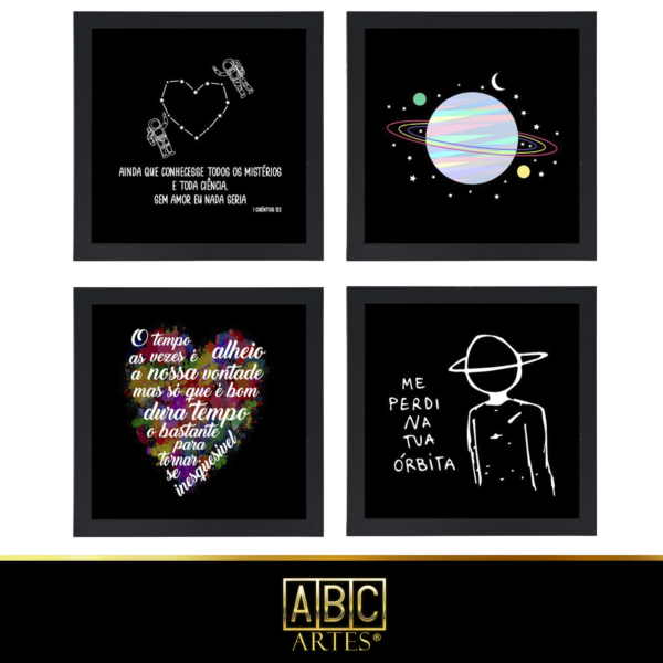 4 Quadros Decorativos Com Moldura Black 23x23 Coração