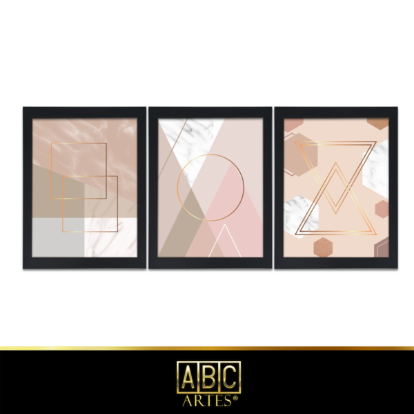 Conjunto de Quadros  Abstrato Bege Com Moldura 3 Partes MDF 33x63