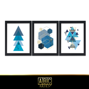 Conjunto de Quadros Abstrato Azul Com Moldura 3 Partes MDF 33x63