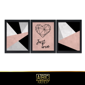 Conjunto de Quadros Abstrato cinza e rose Com Moldura 3 Partes MDF 33x63