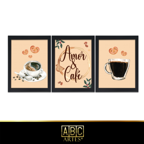 Conjunto de Quadros Café Moldura 3 Partes MDF 33x63