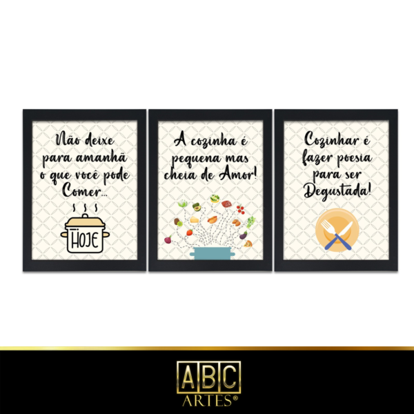 Conjunto de Quadros Cozinha Com Moldura 3 Partes MDF 33x63