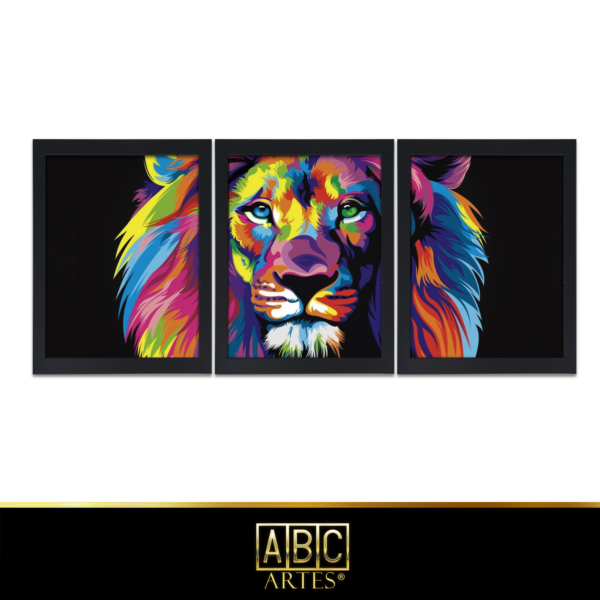 Conjunto de Quadros Leão Colorido Com Moldura 3 Partes MDF 33x63
