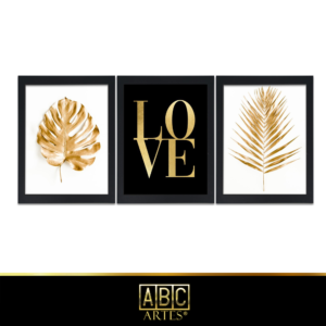 Conjunto de Quadros Love dourado Com Moldura 3 Partes MDF 33x63