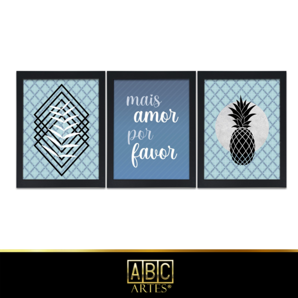 Conjunto de Quadros Azul  Moldura 3 Partes MDF 33x63