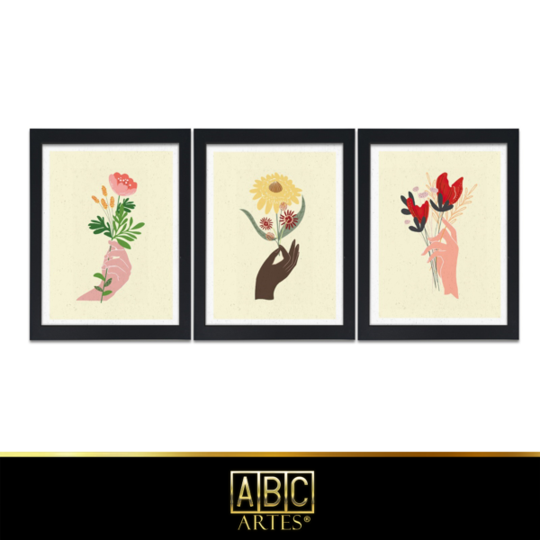 Conjunto de Quadros Flores  Moldura 3 Partes MDF 33x63