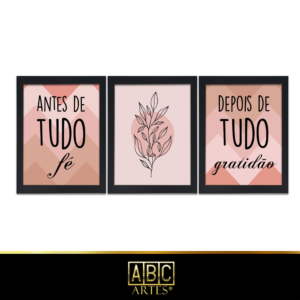 Conjunto de Quadros fé e gratidão Com Moldura 3 Partes MDF 33x63