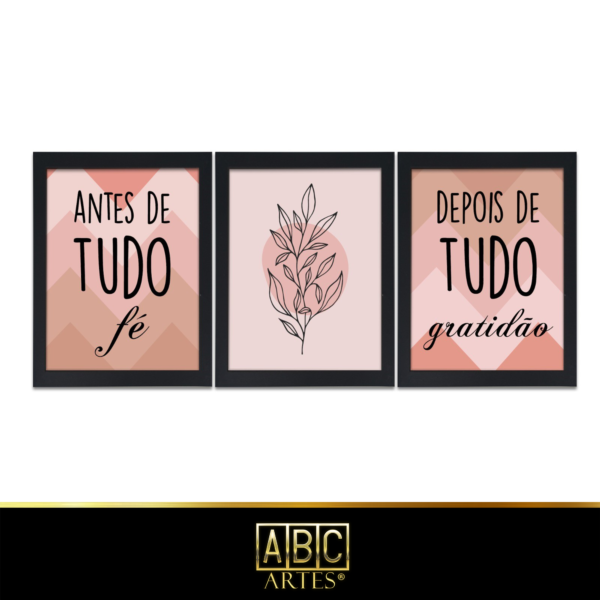 Conjunto de Quadros fé e gratidão Com Moldura 3 Partes MDF 33x63